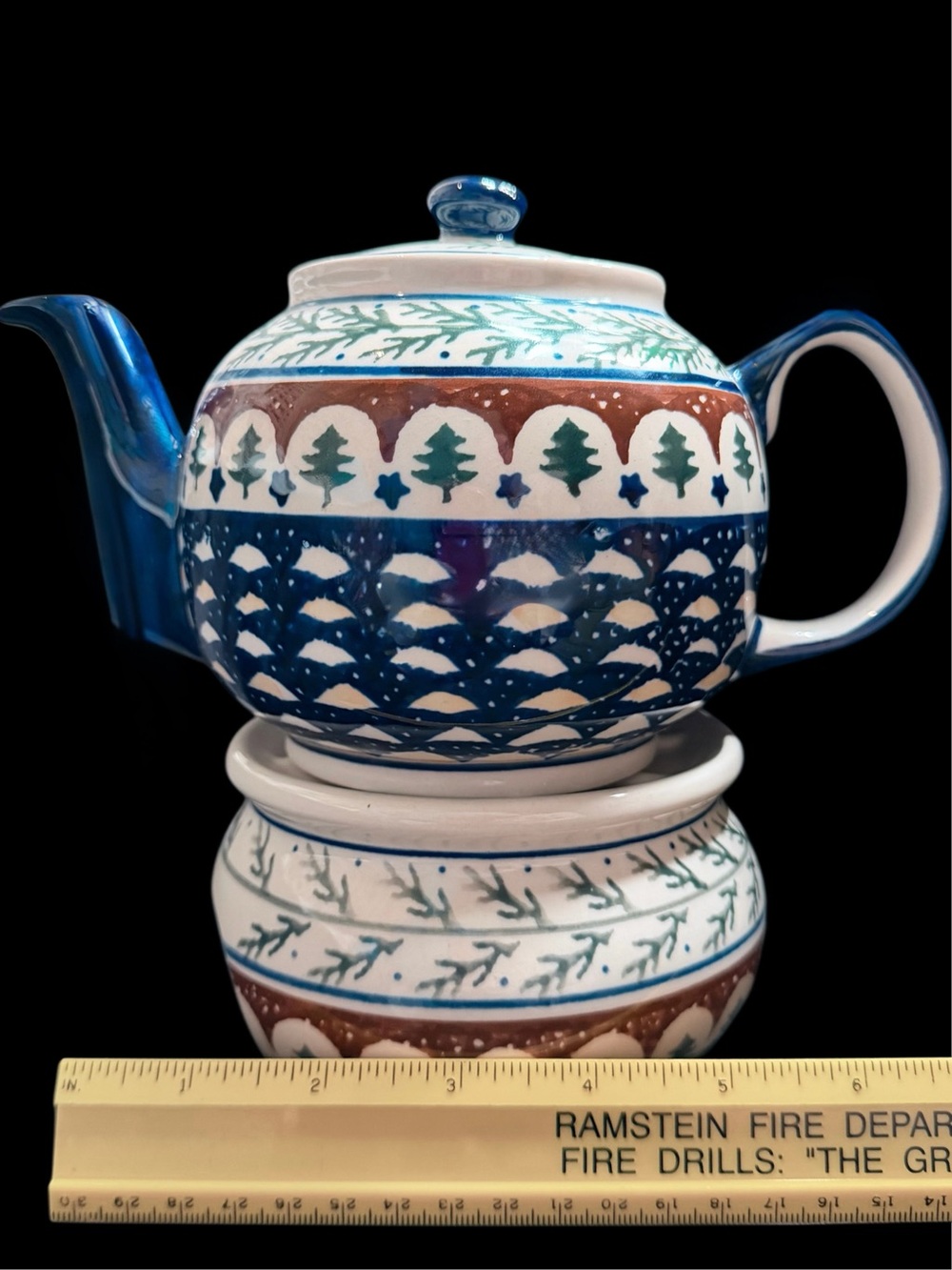 Handmade Polish Pottery Teapot & Warmer Evergreen 🌲 Blue, Brown